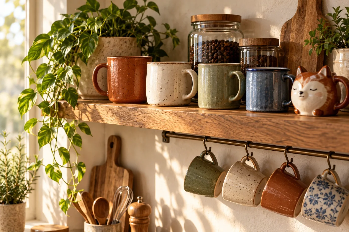 Collection de mugs en céramique émaillée sur une étagère en bois