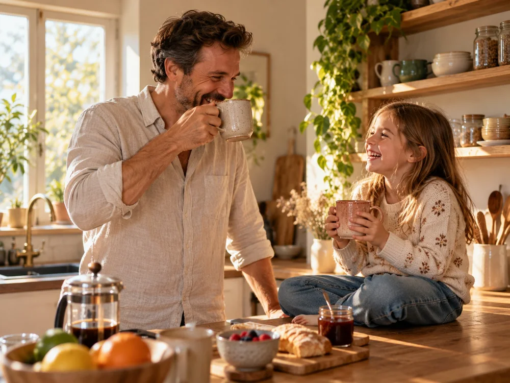 Père qui boit son café dans un mug offert par sa fille