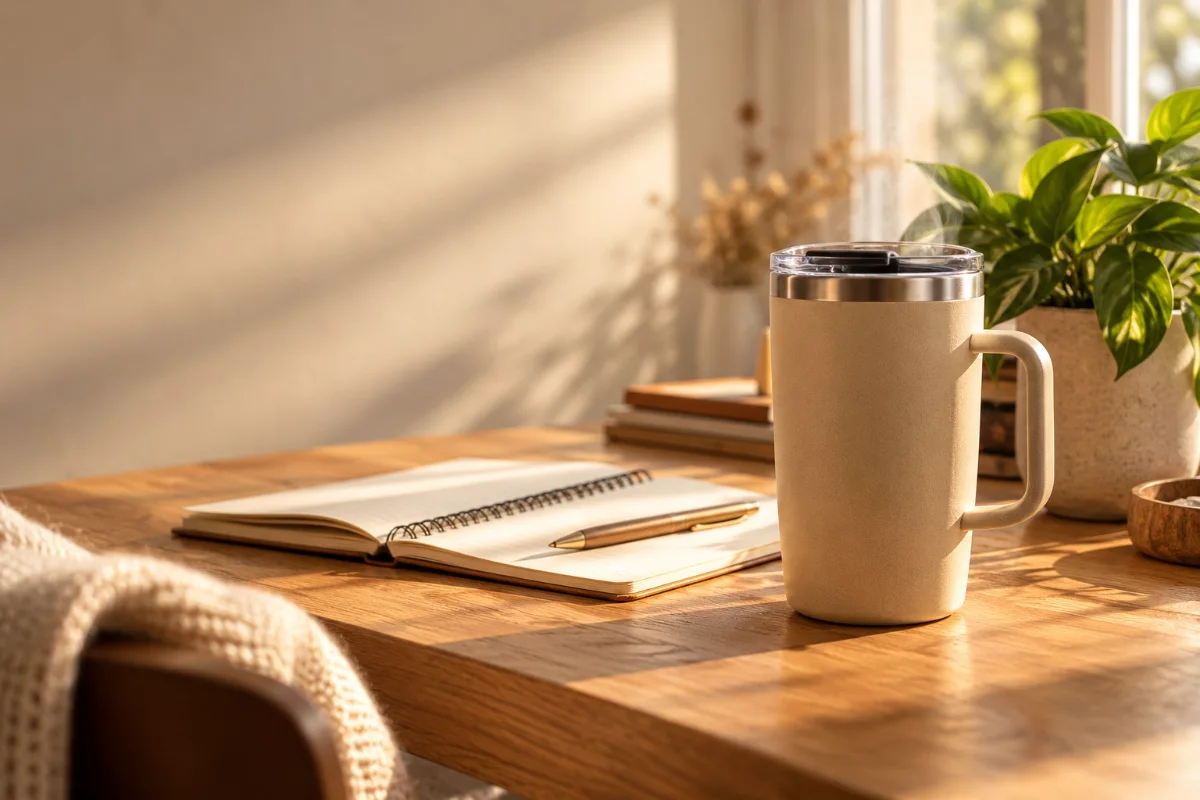 Mug isotherme avec couvercle sur un bureau