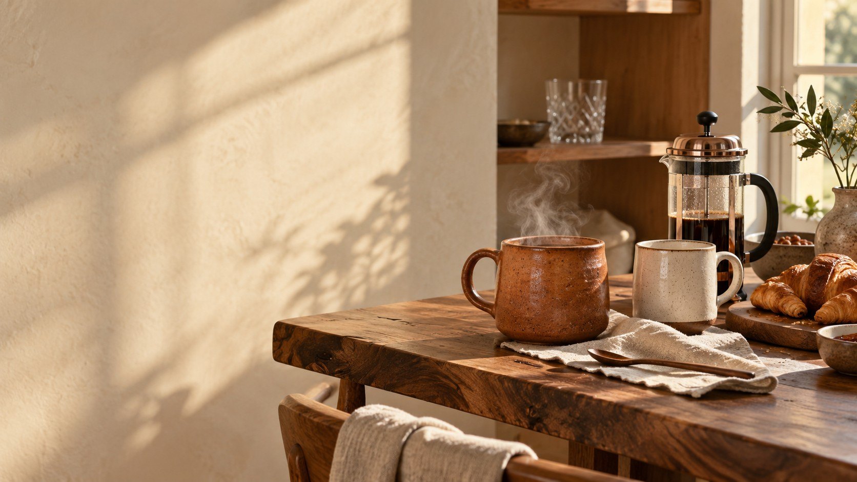 Mugs en céramique émaillée sur une table de petit déjeuner en noyer