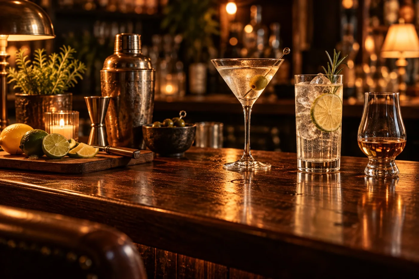 Verres à cocktail et verre à whisky sur un comptoir de bar en bois