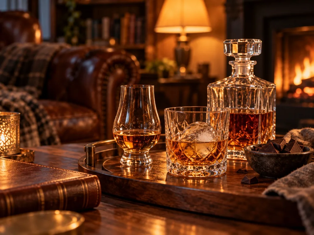 Verres à whisky sur un plateau en bois
